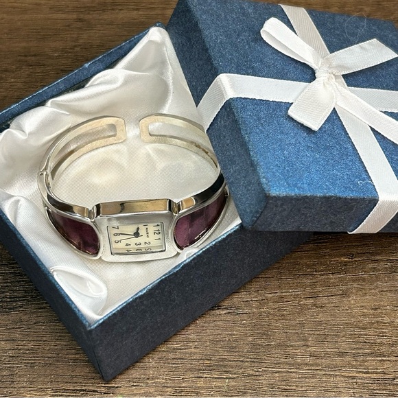 Narmi Stainless Steel Cuff Watch With Purple Leather Mother of Pearl Crystal - Picture 6 of 6